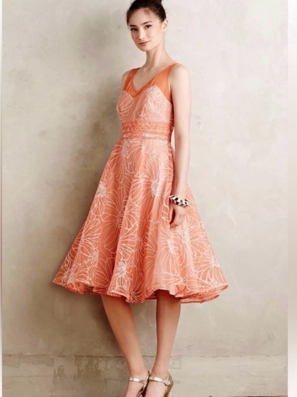 Anthropologie Moulinette Soeurs Peach Floral Fit-and-Flare Dress size 12 EUC